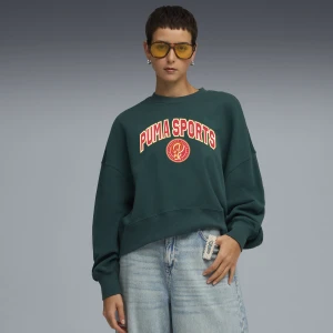 PUMA Damska bluza dresowa Wardrobe Essentials Sports Legacy oversize z grafiką, Odzież, Zielony,