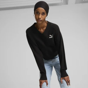 PUMA Damska bluza z dzianiny z dekoltem w szpic T7, Odzież, Czarny,