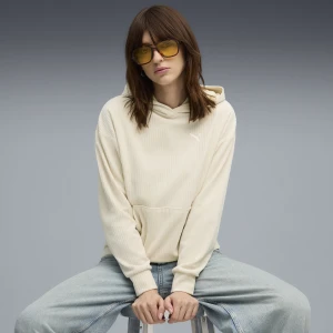 PUMA Damska bluza z kapturem Essentials Elevated Comfort Velour Rib, Odzież, Biały,