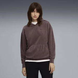 PUMA Damska bluza z kapturem Essentials Elevated Comfort Velour Rib, Odzież, Fioletowy,