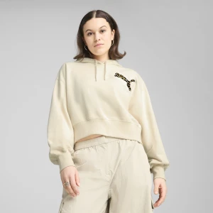 PUMA Damska bluza z kapturem LEO LUXE o luźnym skróconym kroju, Odzież, Biały,