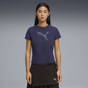 PUMA Damska koszulka Dare To z krótkim zamkiem i grafiką, Odzież, Fioletowy,
