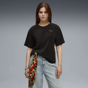 PUMA Damska koszulka Essentials Elevated Velour Rib o luźnym kroju, Odzież, Czarny,