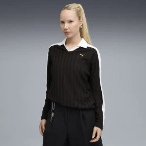 PUMA Damska koszulka polo z długim rękawem T7 o luźnym kroju, Odzież, Czarny,