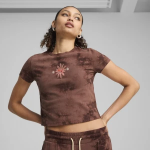 Zdjęcie produktu PUMA Damska krótka koszulka WARDROBE ESS FLORAL PACK z efektem sprania i grafiką, Odzież, Brązowy