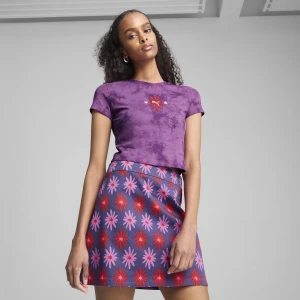 PUMA Damska krótka koszulka WARDROBE ESS FLORAL PACK z efektem sprania i grafiką, Odzież, Fioletowy,