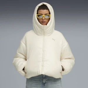 PUMA Damska kurtka ocieplana Wardrobe Essentials błyszcząca z kapturem, Odzież, Biały,
