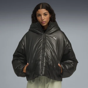PUMA Damska kurtka ocieplana Wardrobe Essentials błyszcząca z kapturem, Odzież, Czarny,