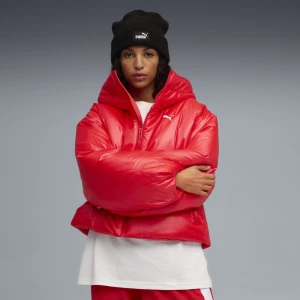PUMA Damska kurtka ocieplana Wardrobe Essentials błyszcząca z kapturem, Odzież, Czerwony,