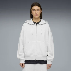 PUMA Damska rozpinana bluza dzianinowa z kapturem Essentials o kroju oversize, Odzież, Biały,