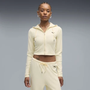 PUMA Damska rozpinana bluza z kapturem Essentials Ribbed o wąskim kroju, Odzież, Żółty