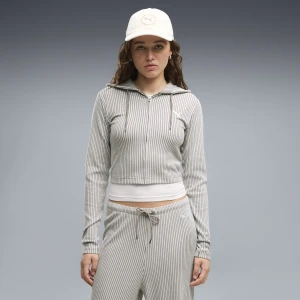 PUMA Damska rozpinana bluza z kapturem Essentials Ribbed o wąskim kroju, Odzież, Beżowy