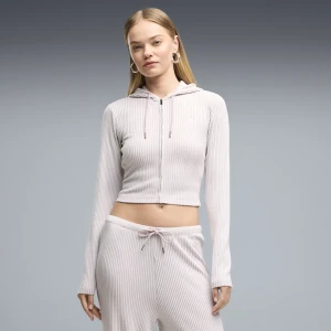 PUMA Damska rozpinana bluza z kapturem Essentials Ribbed o wąskim kroju, Odzież, Różowy