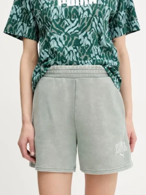 Puma szorty damskie kolor zielony z nadrukiem high waist 685035