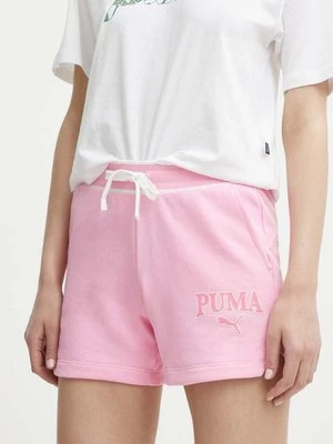 Puma szorty SQUAD damskie kolor różowy z nadrukiem high waist 678704