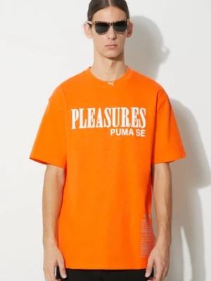 Puma t-shirt bawełniany PUMA x PLEASURES Typo Tee męski kolor pomarańczowy z nadrukiem 620878