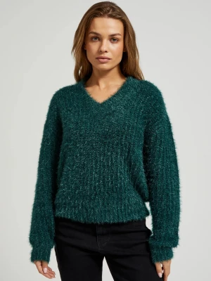 Puszysty sweter z metaliczną nitką zielony Moodo