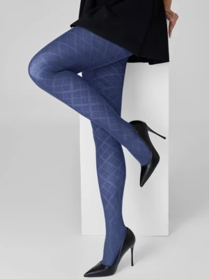 Rajstopy ciemnoniebieskie żakardowe z szerokim wzorem w siatkę rombów – Grace F02 MARILYN