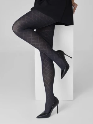 Rajstopy czarne żakardowe z szerokim wzorem w siatkę rombów – Grace F02 MARILYN