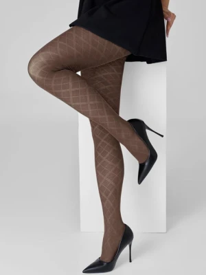 Rajstopy czekoladowe żakardowe z szerokim wzorem w siatkę rombów – Grace F02 MARILYN