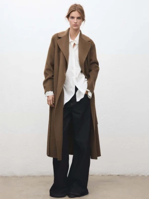 Ręcznie robiony wełniany płaszcz z paskiem średni brązowy - Kobieta - - MANGO