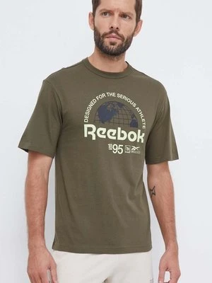 Reebok t-shirt bawełniany kolor zielony z nadrukiem