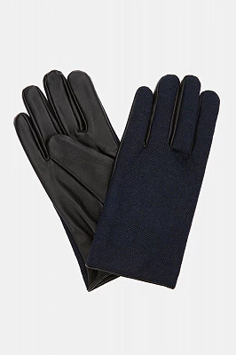 Rękawiczki Czarne Skórzane z Wełną w Granatową Jodełkę Lancerto