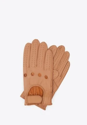 Rękawiczki samochodowe męskie ze skóry licowej camelowe Wittchen