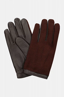 Rękawiczki Brązowo-Bordowe Skórzane z Wełną Touch Lancerto