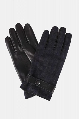Rękawiczki Czarne Skórzane z Wełną w Granatową Kratę Lancerto