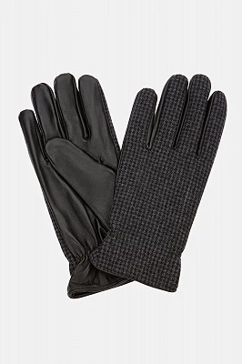 Rękawiczki Czarne Skórzane z Wełną w Szarą Kratę Lancerto