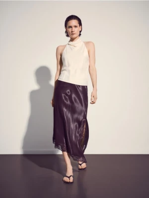 Reserved - Asymetryczna spódnica z koronką - brązowy