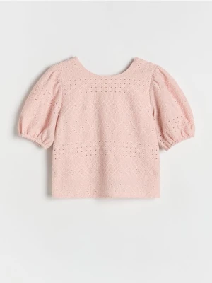 Reserved - Ażurowa bluzka z bufkami - brudny róż