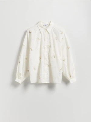 Reserved - Ażurowa koszula z haftem - biały