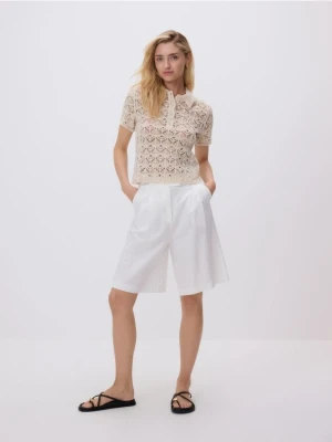 Reserved - Ażurowa koszulka polo - beżowy