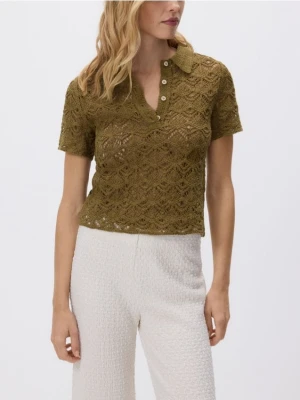 Reserved - Ażurowa koszulka polo - oliwkowy