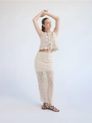 Reserved - Ażurowa spódnica maxi - kremowy