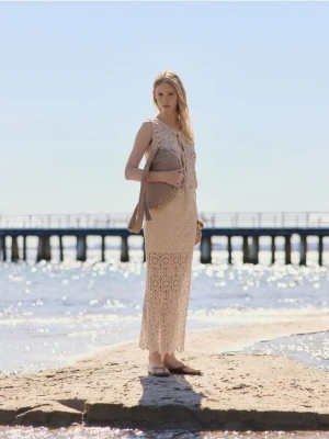 Reserved - Ażurowa spódnica maxi - kremowy