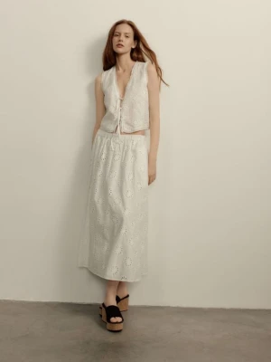 Reserved - Ażurowa spódnica midi - złamana biel