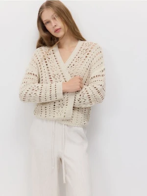 Reserved - Ażurowy kardigan - kremowy