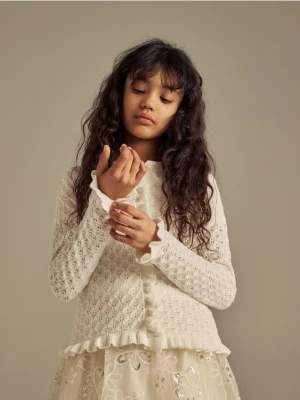 Reserved - Ażurowy kardigan z bawełny - złamana biel