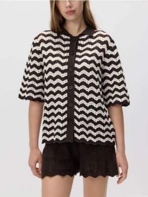 Reserved - Ażurowy kardigan z kołnierzykiem - brązowy