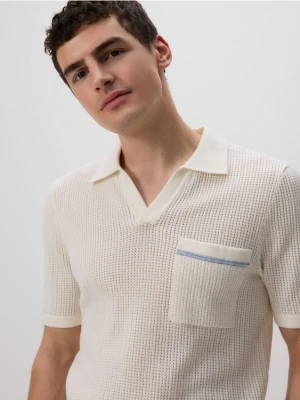 Reserved - Ażurowy sweter polo - złamana biel