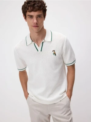 Reserved - Ażurowy sweter polo - złamana biel