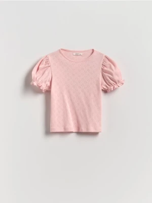 Reserved - Bawełniana bluzka z bufkami - pastelowy róż