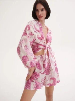 Zdjęcie produktu Reserved - Bawełniana bluzka z wiązaniem - fuksja