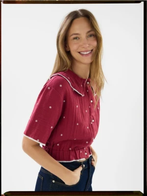 Reserved - Bawełniana koszula z haftem - czerwony