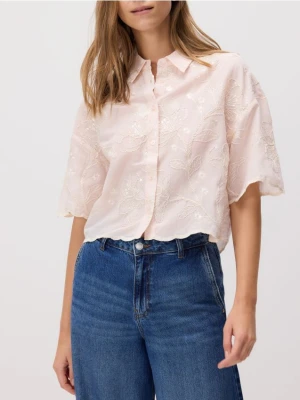 Reserved - Bawełniana koszula z haftem - pastelowy róż