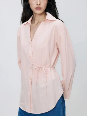 Reserved - Bawełniana koszula z wiązaniem - brzoskwiniowy