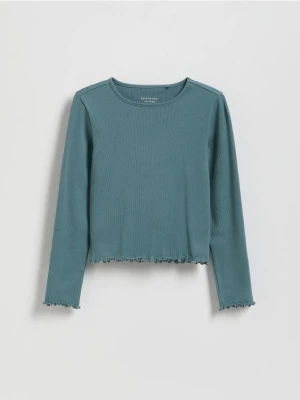 Reserved - Bawełniana koszulka w prążek - ciemny turkus